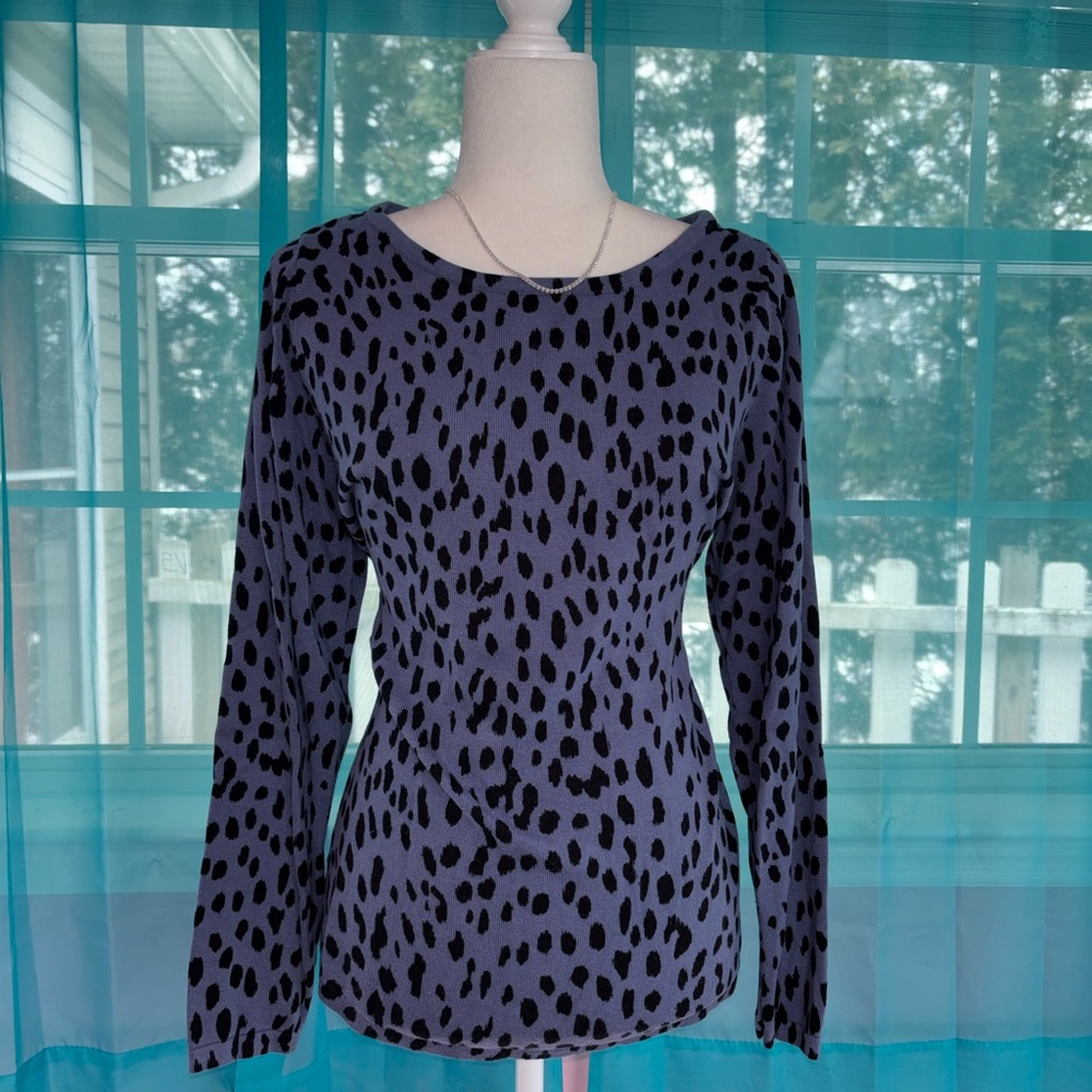 Belle Kim Gravel Blue Purple Leopard Print Sweater Size L Animal Print Knit